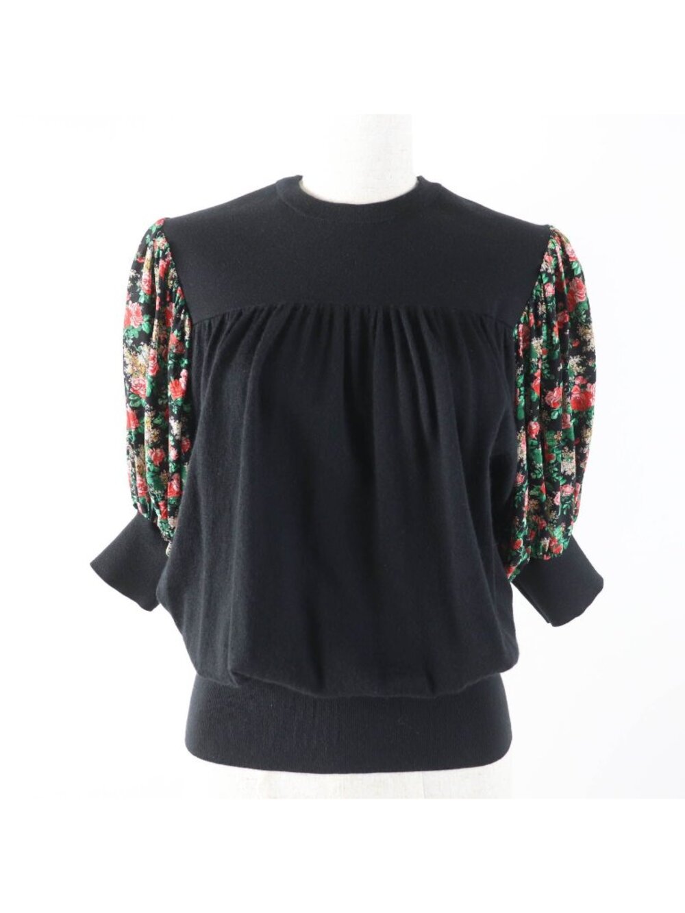 Louis Vuitton Cashmere Silk Blend Floral Print Puff Sleeve Short Knit Black XS